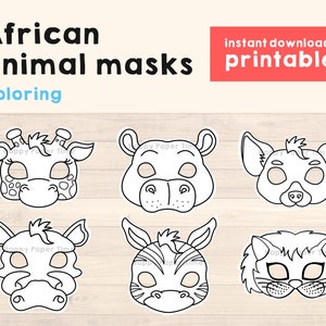 African animal masks, giraffe, lion, hyena, hippo, zebra, warthog, coloring craft template party costume for kids - Instant Download