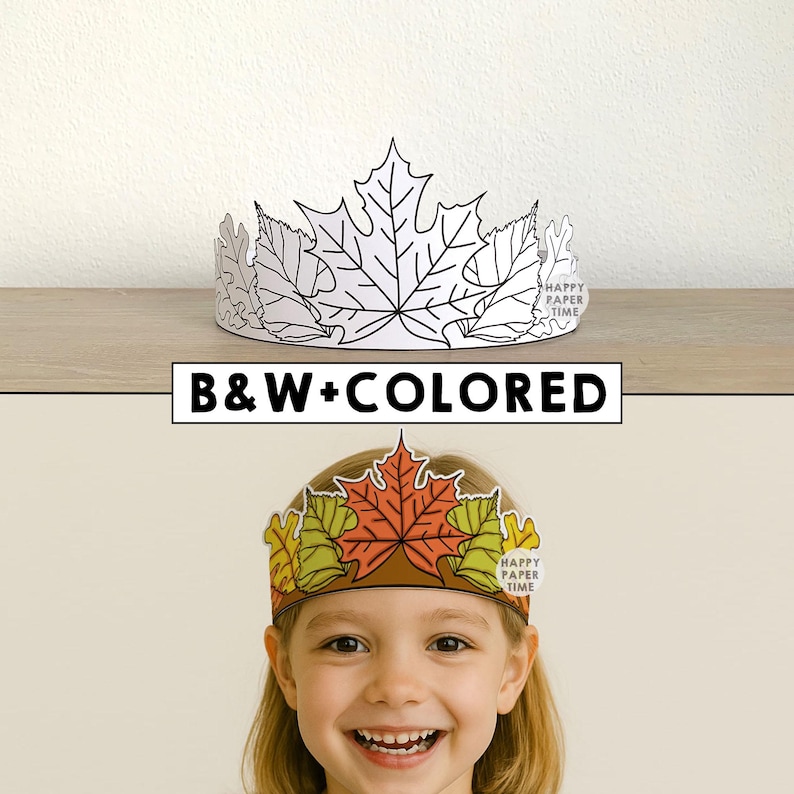Fall Leaves Paper Headband Crown Thanksgiving Autumn Party Coloring Printable Kids Craft Costume Printable Favor Costume - Instant Download image 1