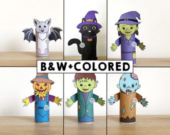 Halloween toiletpapierrol knutselen Spooky Party Coloring Afdrukbare decoratie Kinderen heks vleermuis kat spelen kniplijm DIY - direct downloaden