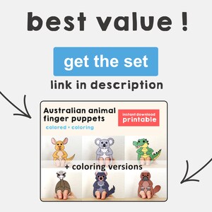 Op de afbeelding: Printbare Australische dieren vingerpoppen. De set bevat zes verschillende dieren: een kangoeroe, koala, krokodil, emu, Tasmaanse duivel en vogelbekdier. Elke pop wordt getoond met een gekleurde versie en een kleurplaat.