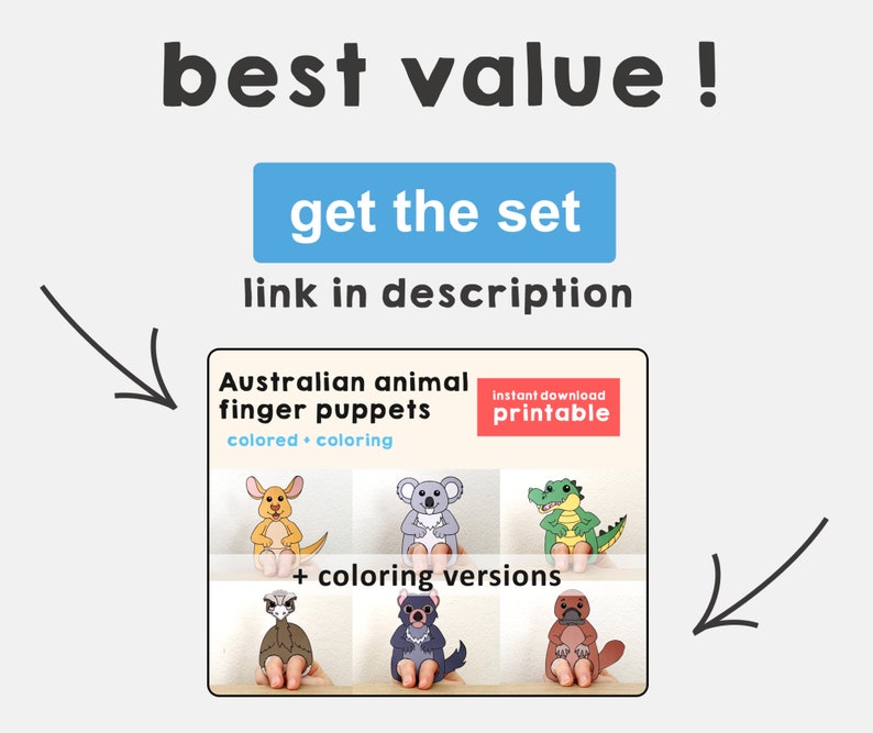Op de afbeelding: Printbare Australische dieren vingerpoppen. De set bevat zes verschillende dieren: een kangoeroe, koala, krokodil, emu, Tasmaanse duivel en vogelbekdier. Elke pop wordt getoond met een gekleurde versie en een kleurplaat.