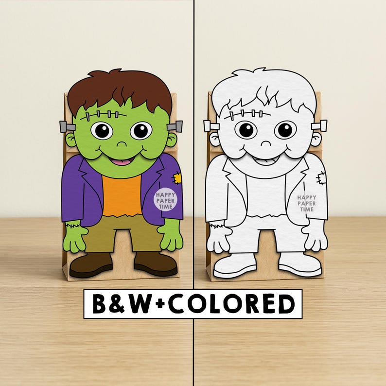 Peut inclure: Deux cr&eacute;ations en papier sur le th&egrave;me de Frankenstein, une en couleur et une en noir et blanc, c&ocirc;te &agrave; c&ocirc;te. La version en couleur pr&eacute;sente un visage vert, des cheveux bruns et une veste violette. La version en noir et blanc est un dessin au trait. Les deux ont le texte "HAPPY PAPER TIME".