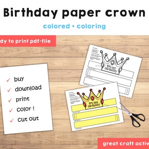 Puede incluir: Actividad de manualidades de corona de papel de cumplea&ntilde;os imprimible. La corona es amarilla con detalles rojos y dice "Es mi cumplea&ntilde;os". El imprimible est&aacute; disponible en versiones coloreadas y para colorear.