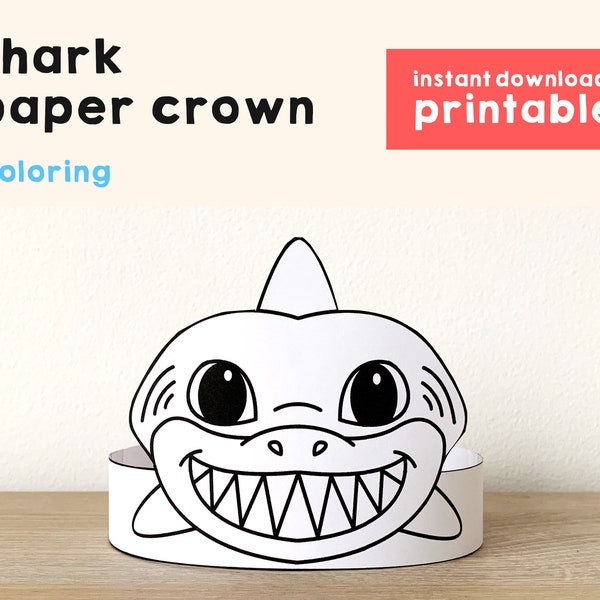 Shark Paper Crown Party Costume Printable party hat Kids Craft Ocean animal Birthday Decor template Favor pdf Costume DIY, Instant Download