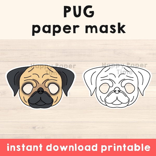 Pug dog mask Animal mask Party Favor Bulldog printable dog costume coloring craft kids