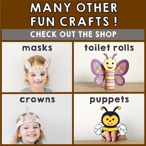 May include: A collage of four images showing different craft ideas for kids. The images show a deer mask, a butterfly made from a toilet paper roll, a unicorn crown, and a bee finger puppet. The text "MANY OTHER FUN CRAFTS! CHECK OUT THE SHOP" is at the top of the image.