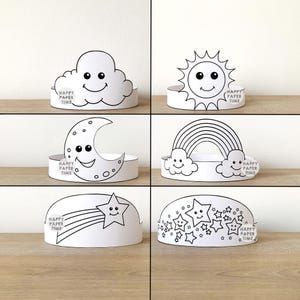 Astronomy Paper Crowns Coloring Sun Rainbow Moon Cloud Shooting Stars Printable Kids Craft Birthday Party Favor Costume DIY Download