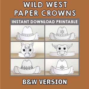 Wild West Paper Crown Hat Headband Coloring Cowboy Sheriff Cowgirl Party Activity Printable Kids Craft Costume Favor Instant Download
