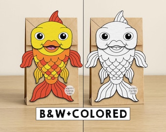 Fantoche de peixinho dourado feito com saco de papel - Atividade de artesanato para recortar, colar e colorir - Lembrancinha de festa - Download instantâneo