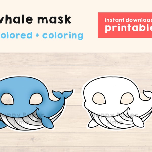 Baleine masque modèle costume enfants bricolage océan mer animal fête amusant faveur imprimable coloriage facile artisanat enfants - téléchargement immédiat