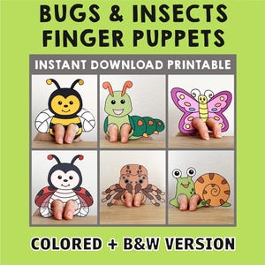 Plantilla de títere de dedo imprimible con papel de insectos, manualidades para niños, animales, fiesta de cumpleaños, juego de títeres para colorear para niños, imprimible - Descargar
