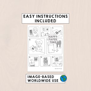 May include: A black and white instructional sheet titled EASY INSTRUCTIONS INCLUDED and IMAGE-BASED WORLDWIDE USE. It features six numbered steps for crafting a paper bag horse puppet, including illustrations of cutting, colouring, and gluing parts.