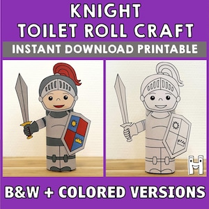 Ritter Klopapierrolle Handwerk Mittelalter Fantasy Party Färbung druckbare Dekoration Kinder spielen Ausschneide Kleber DIY - Instant Download