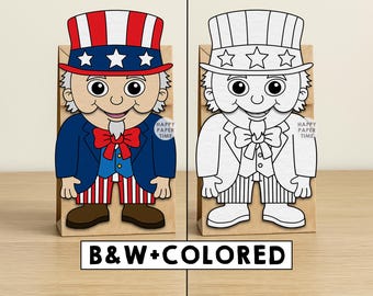 Uncle Sam Paper Bag Puppet America USA Paper Craft Activity Printable Cut Paste Coloring Party Favor Instant Download