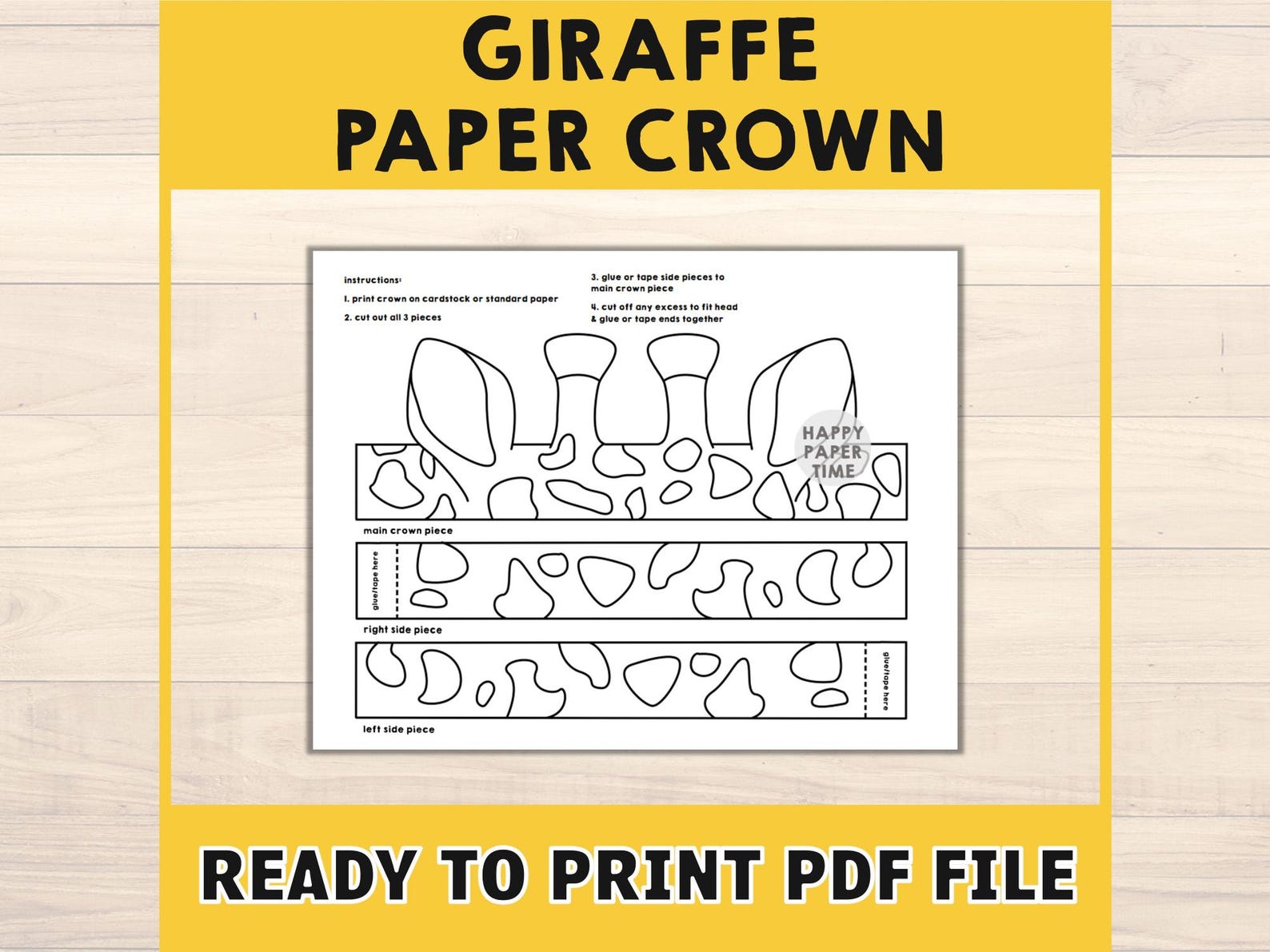 Giraffe Ears Paper Crown Party Coloring Printable Kids Craft Safari ...