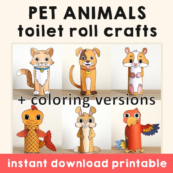 Pets animals Toilet Paper Roll Craft Pet Party Coloring Printable Decoration Kids Play Cut out Glue DIY Cat Dog Hamster - Instant Download