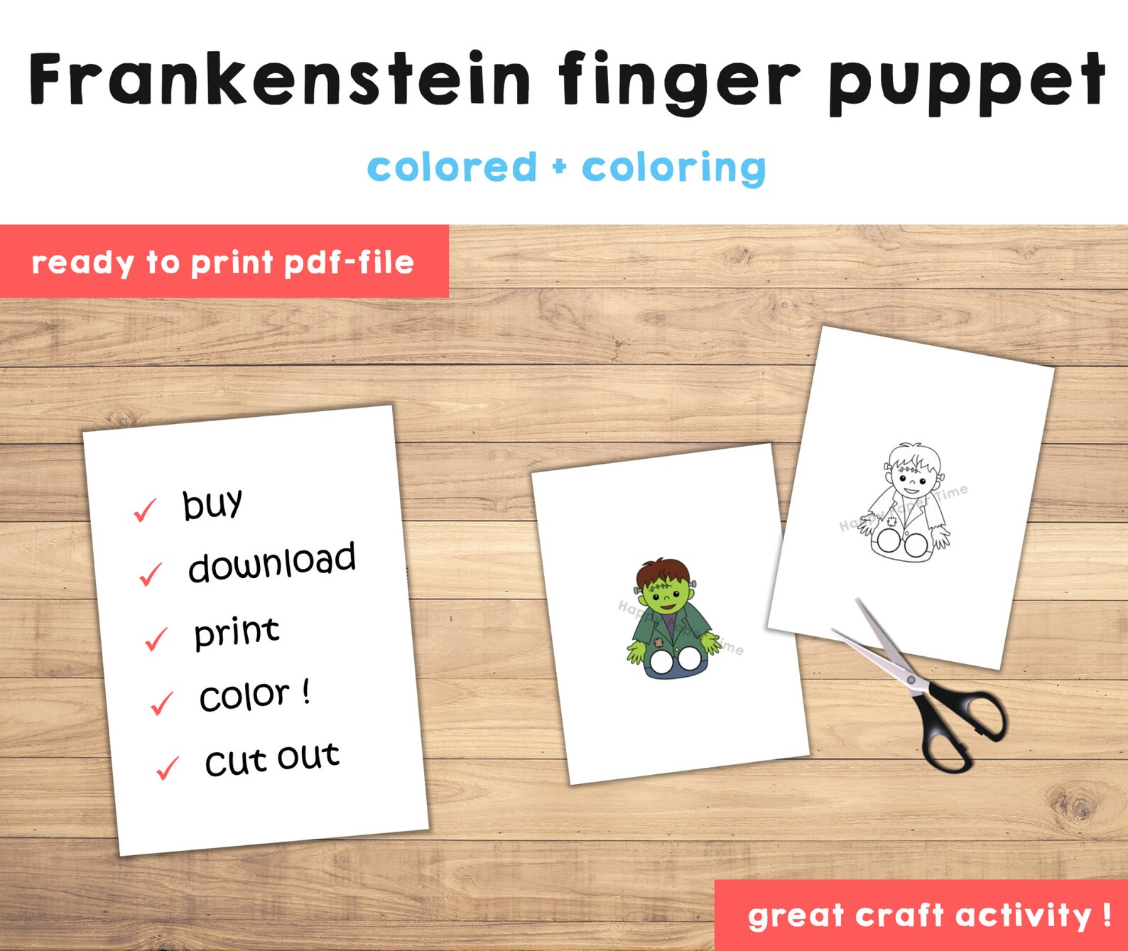 Frankenstein Paper Craft Printable Halloween Spooky Day Finger Puppet ...