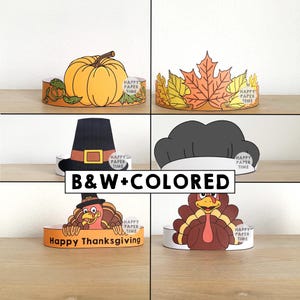 Thanksgiving Paper Crowns Headbands Craft Activity Hats Printable Kids Fall Autumn Party Favor Costume DIY Template - Instant Download image 1
