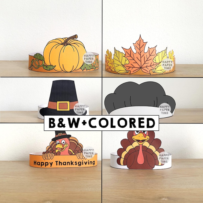 Thanksgiving Paper Crowns Headbands Craft Activity Hats Printable Kids Fall Autumn Party Favor Costume DIY Template - Instant Download image 1