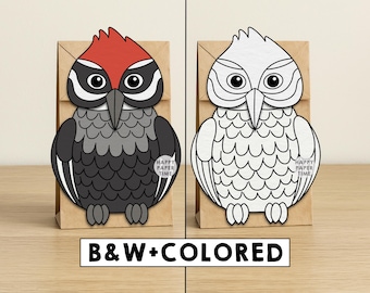 Marioneta de pájaro carpintero de bolsa de papel para imprimir. Actividad de manualidades de animales del bosque para recortar, pegar y colorear. Recuerdos de fiesta de otoño con temática de bosque. Descarga instantánea.