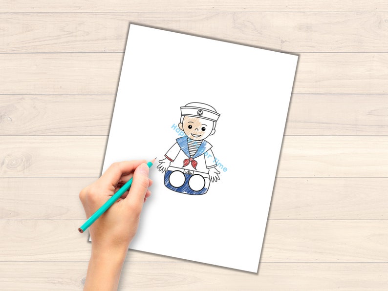 May include: A printable finger puppet craft template of a sailor with a blue and white striped shirt, a red scarf, and a blue and white hat. The sailor has a brown face and a white smile.