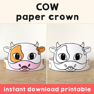 Cow Paper Crown Template Coloring Activity Printable Kids Craft Farm animal Birthday Party Favor cow Costume DIY Instant Download