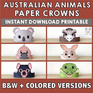 Australian animal Paper Crowns Safari Koala Kangaroo Crocodile Emu Platypus Printable Kids Craft Birthday Party Favor Costume DIY Download