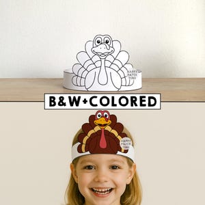 Fascia per capelli da tacchino, corona di carta, cappello, festa del Ringraziamento, da colorare, stampabile, per bambini, costume, bomboniera, autunno, fai da te - Download immediato immagine 1
