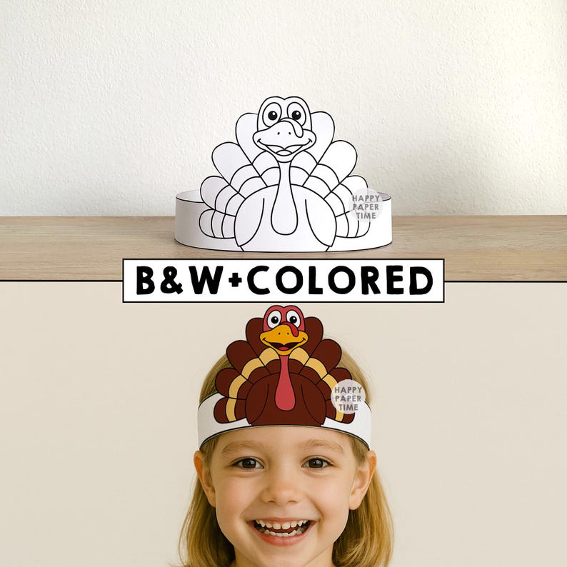 Fascia per capelli da tacchino, corona di carta, cappello, festa del Ringraziamento, da colorare, stampabile, per bambini, costume, bomboniera, autunno, fai da te - Download immediato immagine 1