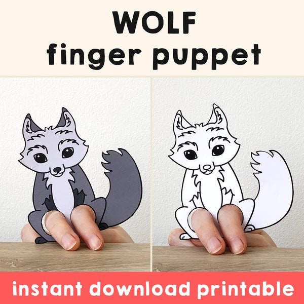 Wolf paper craft printable woodland animal Finger Puppet Kids Craft Wolf Birthday Party Kids Coloring Puppet Printable Instant Download
