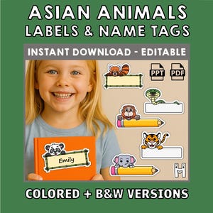 Puede incluir: Una ni&ntilde;a sonriente sostiene un libro naranja con una etiqueta de panda que dice "Emily". La imagen presenta etiquetas y etiquetas de nombres de animales asi&aacute;ticos, con el texto "ASIAN ANIMALS LABELS & NAME TAGS" y "COLORED + B&W VERSIONS."