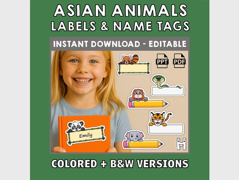 Puede incluir: Una ni&ntilde;a sonriente sostiene un libro naranja con una etiqueta de panda que dice "Emily". La imagen presenta etiquetas y etiquetas de nombres de animales asi&aacute;ticos, con el texto "ASIAN ANIMALS LABELS & NAME TAGS" y "COLORED + B&W VERSIONS."