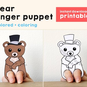Orso artigianale di carta stampabile animale del bosco Burattino da dito Artigianale per bambini Orso Festa di compleanno Bambini Burattino da colorare Download immediato stampabile