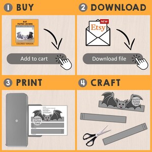 May include: A step-by-step guide for creating a bat paper crown. The image shows the process: buy, download from Etsy, print, and craft. The final craft includes a gray bat crown with the text "HAPPY PAPER TIME".