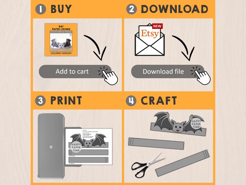 May include: A step-by-step guide for creating a bat paper crown. The image shows the process: buy, download from Etsy, print, and craft. The final craft includes a gray bat crown with the text "HAPPY PAPER TIME".