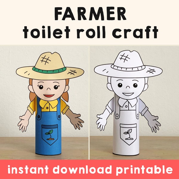 Farmer Toilet Paper Roll Craft gardener Party Coloring Printable Decoration Kids Career Day Community Helpers Cut, Instant Download