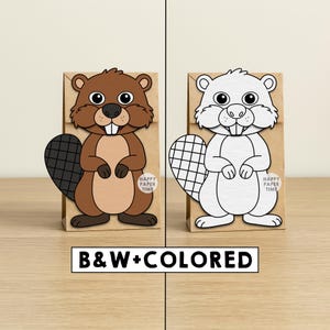 May include: Two brown paper bags featuring a beaver illustration. The left bag shows a colored beaver with brown fur and a black tail. The right bag shows a black and white outline of the same beaver. Both bags include the text HAPPY PAPER TIME.