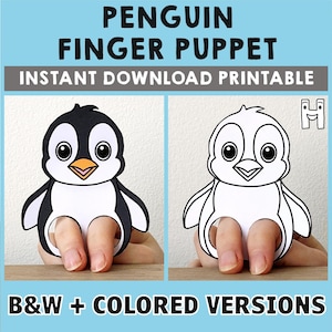 Pinguin Papier Handwerk druckbare Fingerpuppe Vorlage Kinder Handwerk Aktivität Tier Geburtstagsparty Färbung Papier Ausdrucken - Instant Download