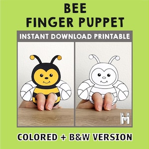 Bee paper craft printable Finger Puppet template Kids Craft activity Animal Birthday Party Coloring paper print out - Instant Download