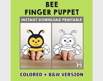 Modello di burattino da dito stampabile con carta ape Attività di artigianato per bambini Festa di compleanno con animali Carta da colorare stampa - Download immediato