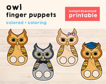 Owl puppet paper craft printable Finger Puppet Kids Craft Animal Birthday Party Forest animal Coloring paper print out - Instant Download