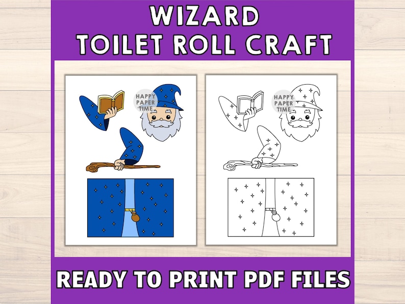 Manualidad de mago con rollo de papel higiénico, fiesta de fantasía medieval, decoración imprimible para colorear, juego infantil, recortes mágicos, bricolaje - Descarga instantánea imagen 2