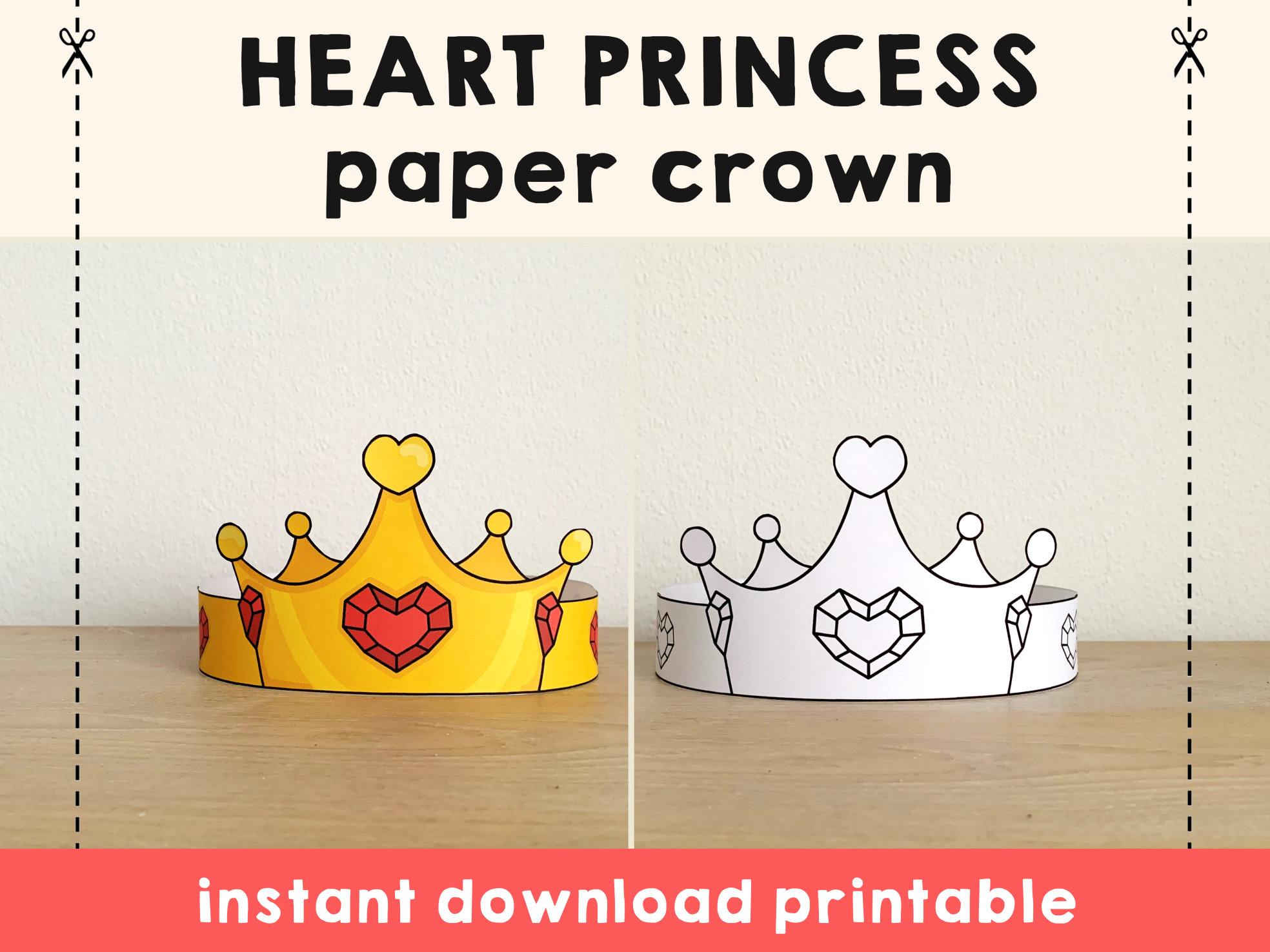 Heart Princess Paper Crown Party Activity Printable Kids Easy Craft  Valentine Sweet Decor Printable Color Pdf Favor DIY Instant Download 