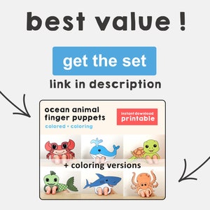 K&ouml;nnte beinhalten: Ausdruckbare Fingerpuppen mit Meerestieren. Das Set enth&auml;lt sechs verschiedene Meeresbewohner: einen Krebs, einen Wal, eine Schildkr&ouml;te, einen Fisch, einen Hai und einen Oktopus. Die Puppen sind sowohl in Farbe als auch zum Ausmalen erh&auml;ltlich. Sofortiger Download.