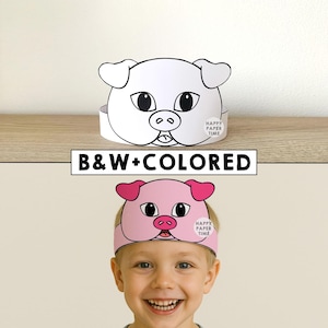Pig Paper Crown Template Coloring Activity Printable Kids Craft Farm animal Birthday Party Favor Costume DIY Instant Download