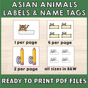Puede incluir: Gr&aacute;fico verde con el texto "ASIAN ANIMALS LABELS & NAME TAGS" y "READY TO PRINT PDF FILES". La imagen muestra dise&ntilde;os de etiquetas con un tigre, pandas, mapaches y l&aacute;pices. Las etiquetas est&aacute;n disponibles en blanco y negro.