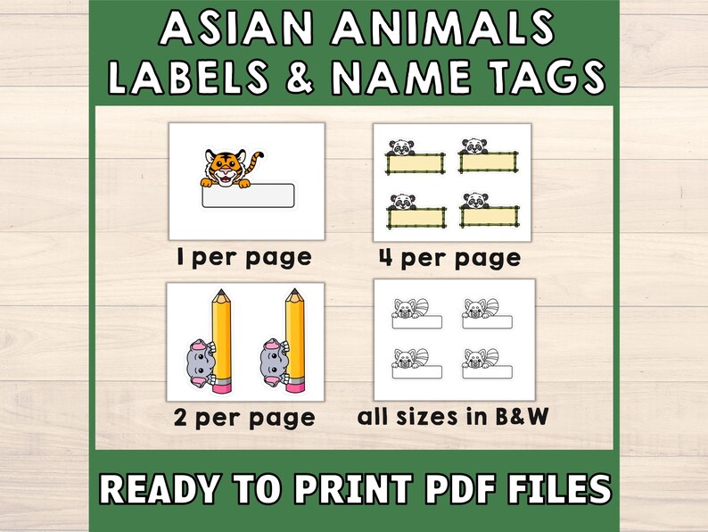 Puede incluir: Gr&aacute;fico verde con el texto "ASIAN ANIMALS LABELS & NAME TAGS" y "READY TO PRINT PDF FILES". La imagen muestra dise&ntilde;os de etiquetas con un tigre, pandas, mapaches y l&aacute;pices. Las etiquetas est&aacute;n disponibles en blanco y negro.