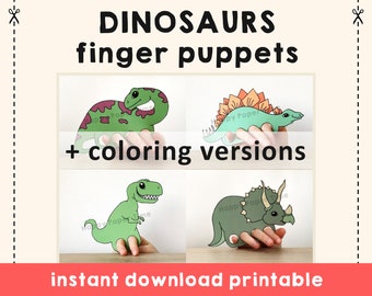 Dinosauro burattino di carta artigianale stampabile Burattino da dito Kids Craft Animal Birthday Party Jurassic Stampa di carta da colorare - Download istantaneo
