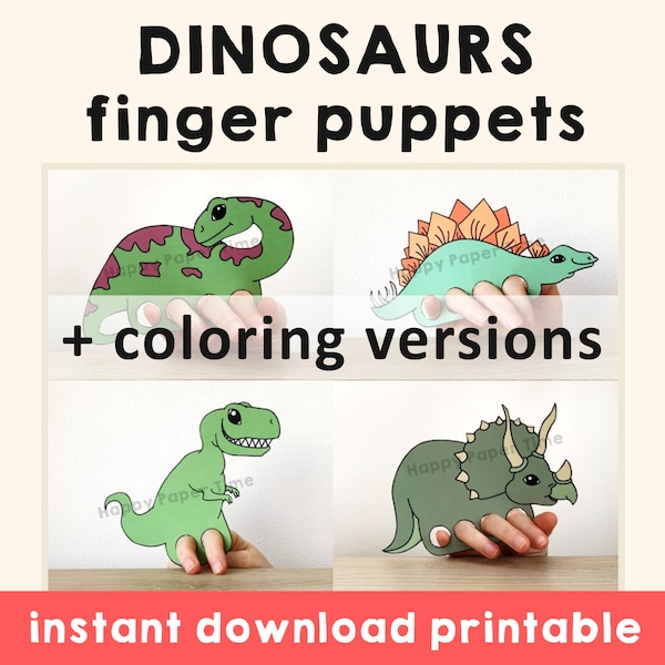 Dinosaur puppet paper craft printable Finger Puppet Kids Craft Animal Birthday Party jurassic Coloring paper print out - Instant Download