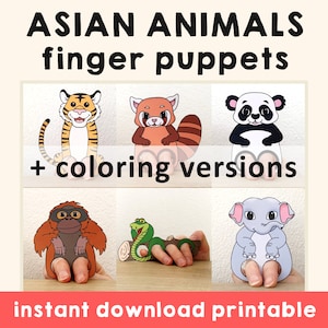 Asian animal paper craft printable Finger Puppet Template Kids Craft Jungle Birthday Party Kids Coloring Puppet Play Printable - Download